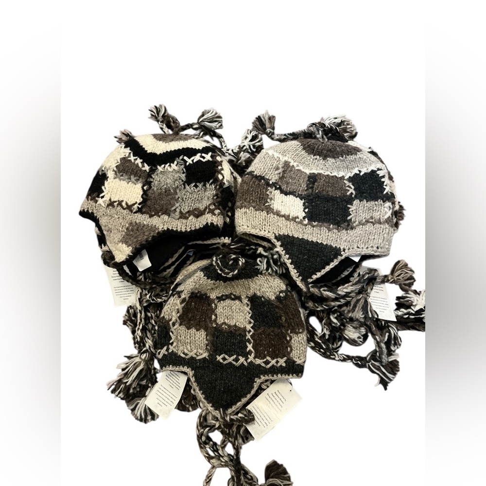 Cozy Knit Patterned 100% Wool Flap Hats with Tassels, Lot of 14, Wholesale NWT